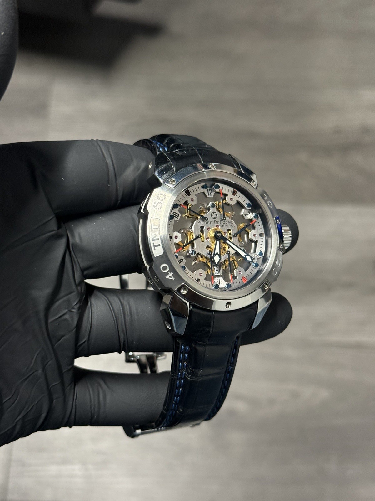 Pierre DeRoche TNT 47.5 mm ROYAL RETRO Skeleton 100m Leather Strap