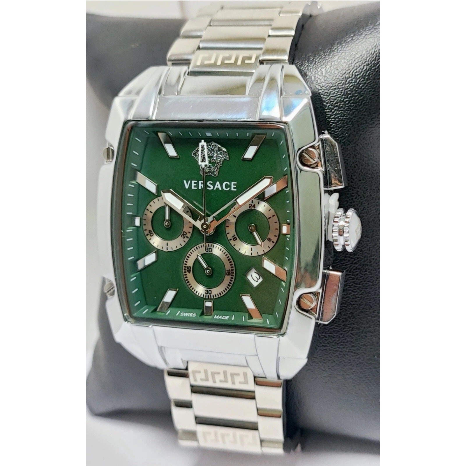 Versace Luxury Chronograph Men Green Dial Stainless Steel Band Quartz Wristwatch