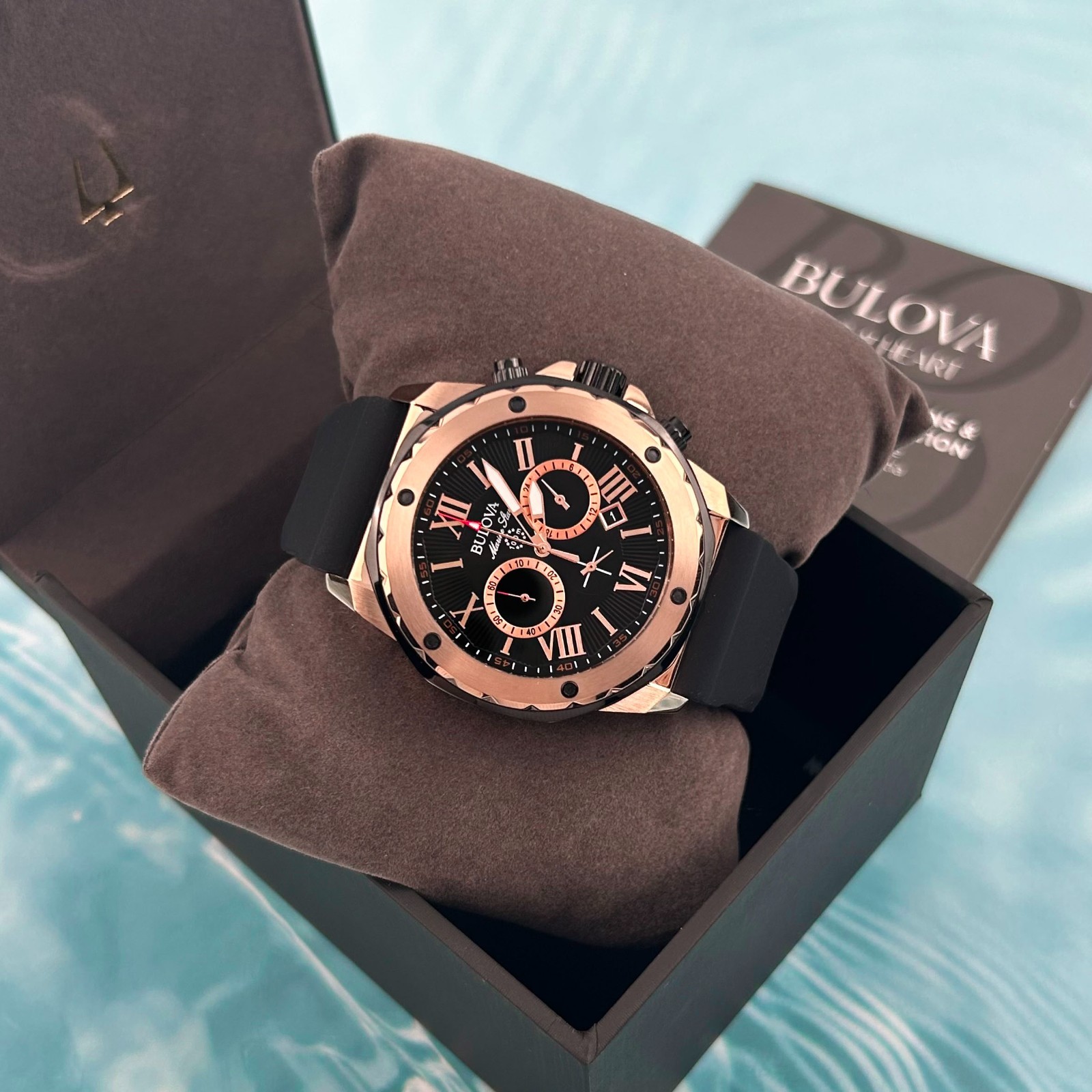Bulova 98B104 Men’s Marine Star Black Dial Black Rubber Strap Quartz Watch