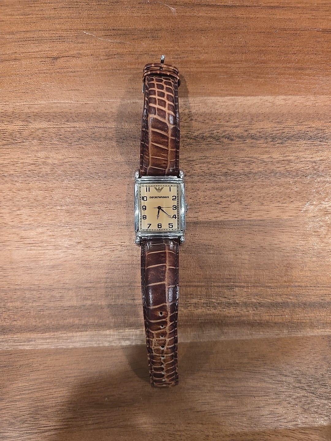 RARE EMPORIO ARMANI Quartz Tank Cream Numeric Leather Vintage Watch