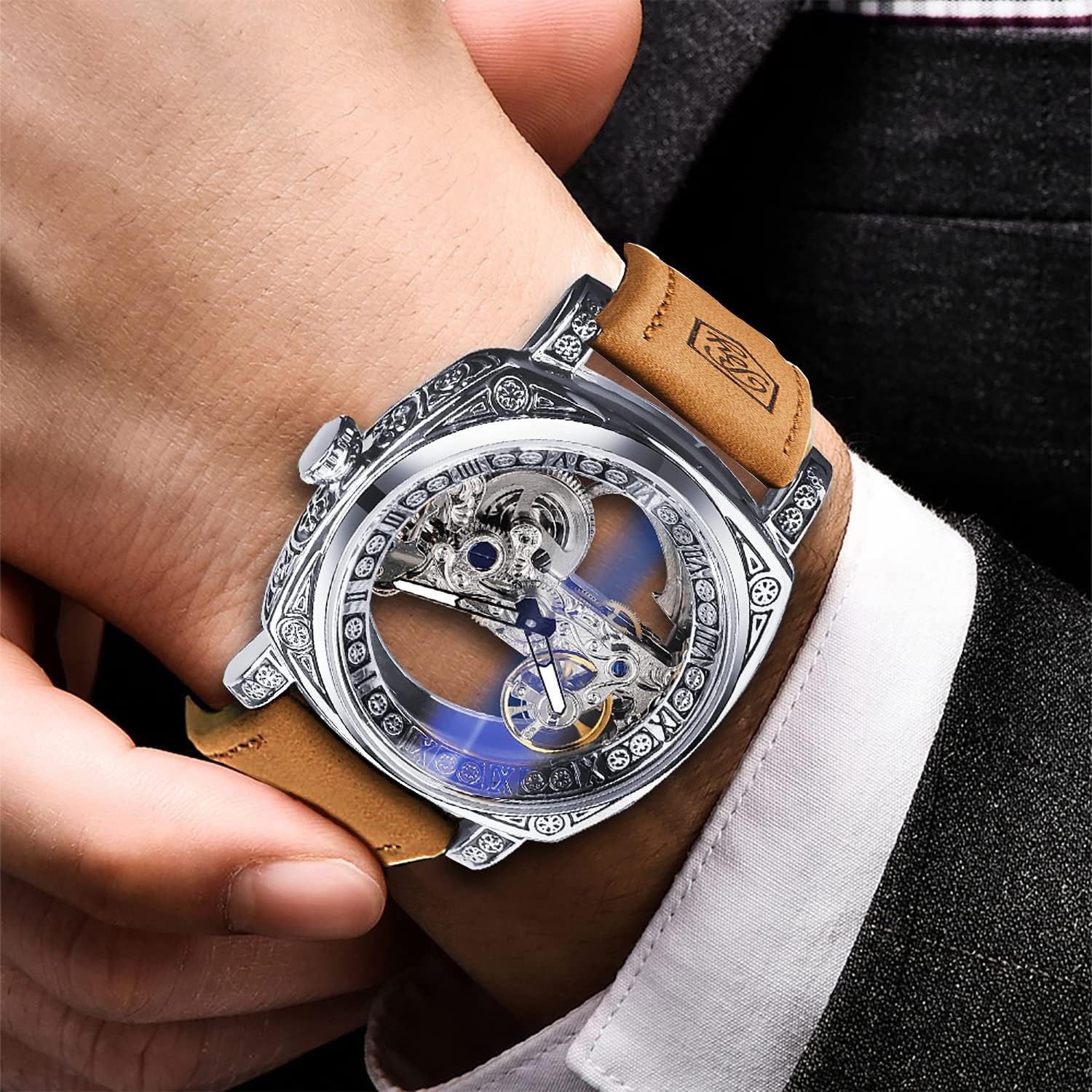 Men’s Luxury Square Carving Mechanical Watch, Retro Totem Double Sided Hollow…
