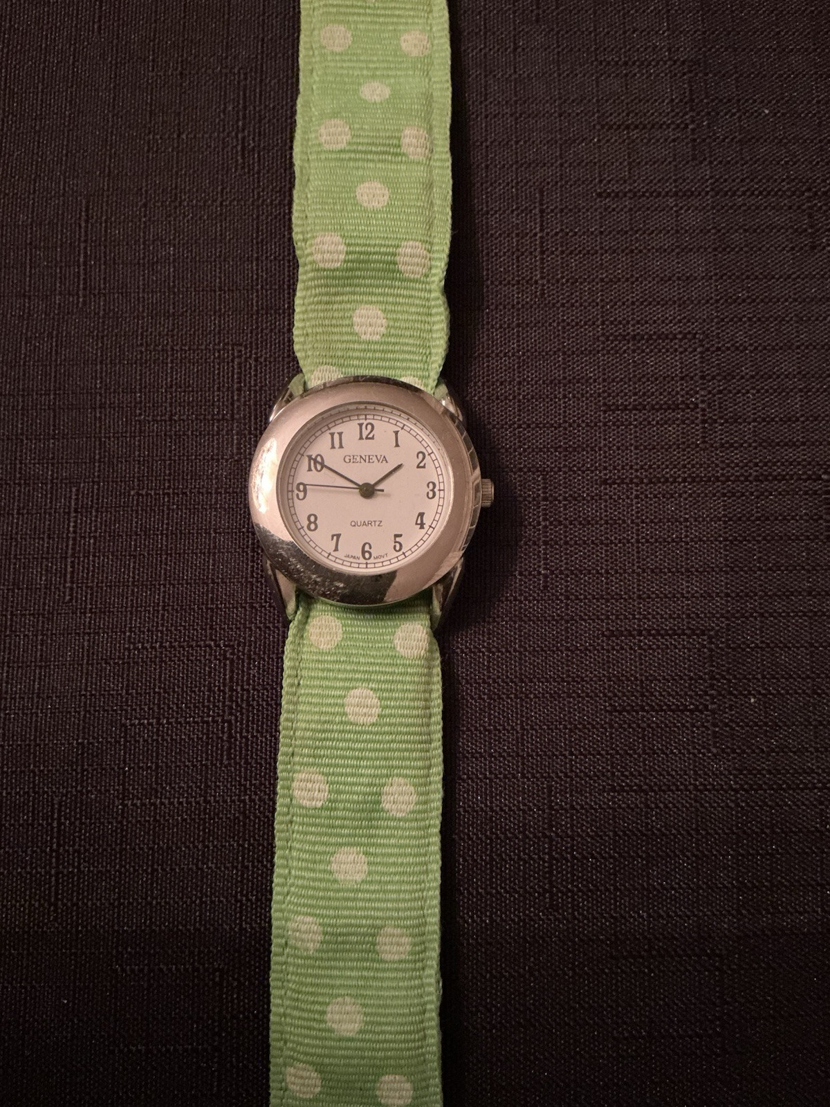 Geneva Silver Tone Vintage Watch Green And White Polka Dot Strap New Battery