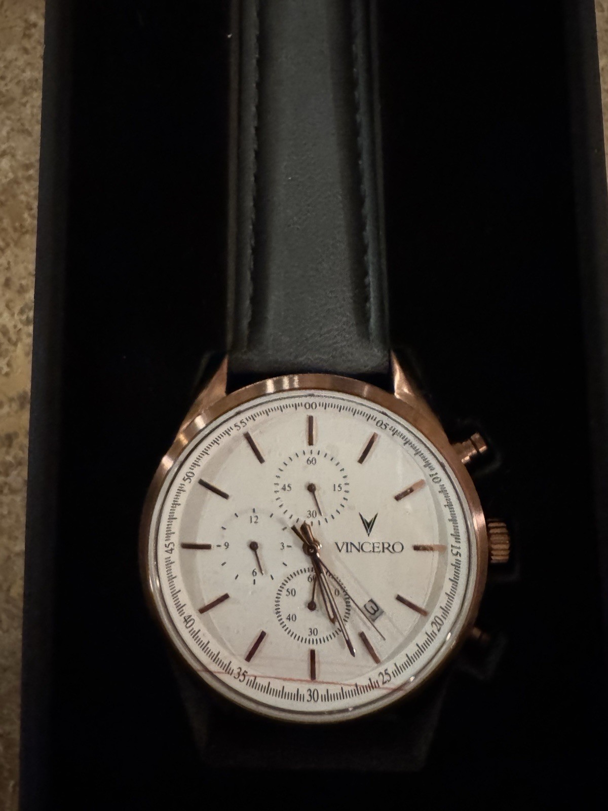 Vincero Men’s Quartz Chronograph Date White Dial Rose Gold Black Leather Strap