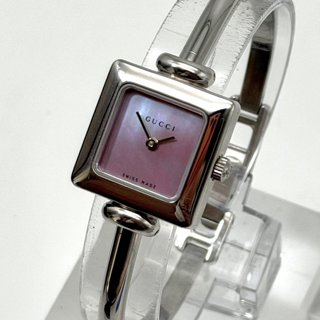 Gucci 1900L Pink Shell Square Bangle Watch Japan Quartz Working 0713265