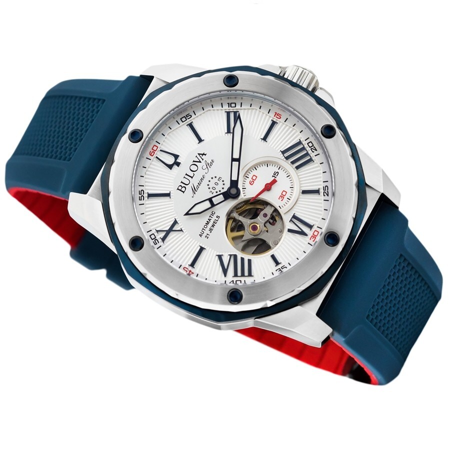 Bulova Marine Star 98A225 Mens Automatic Watch White Skeleton Dial Blue Steel