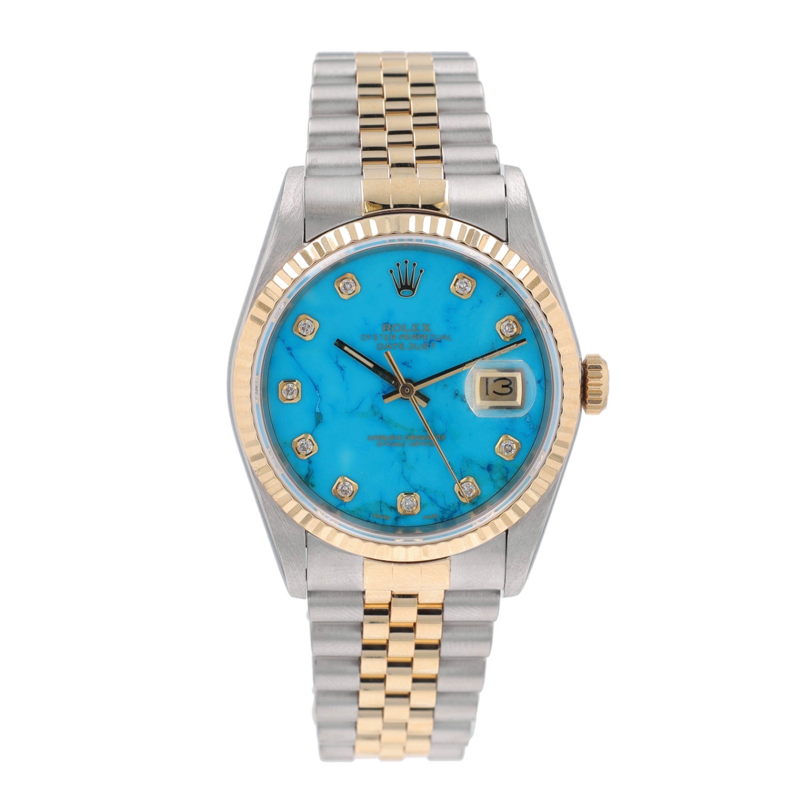 Rolex Datejust 16233 Two-Tone 18KY & Steel Diamond Turquoise Stone Dial Watch