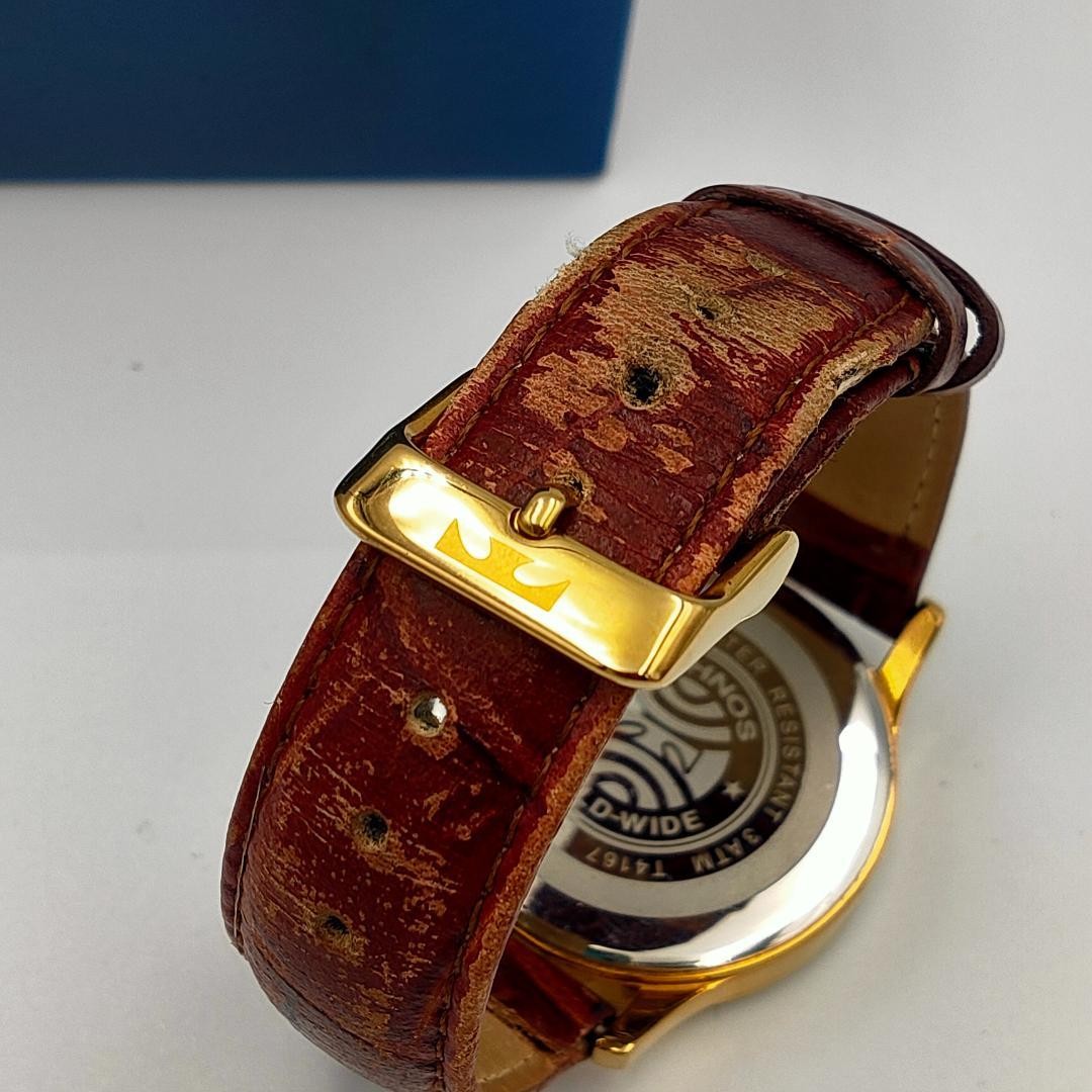 USED TECHNOS T4167 Gold-Tone Date Leather Band Quartz Watch