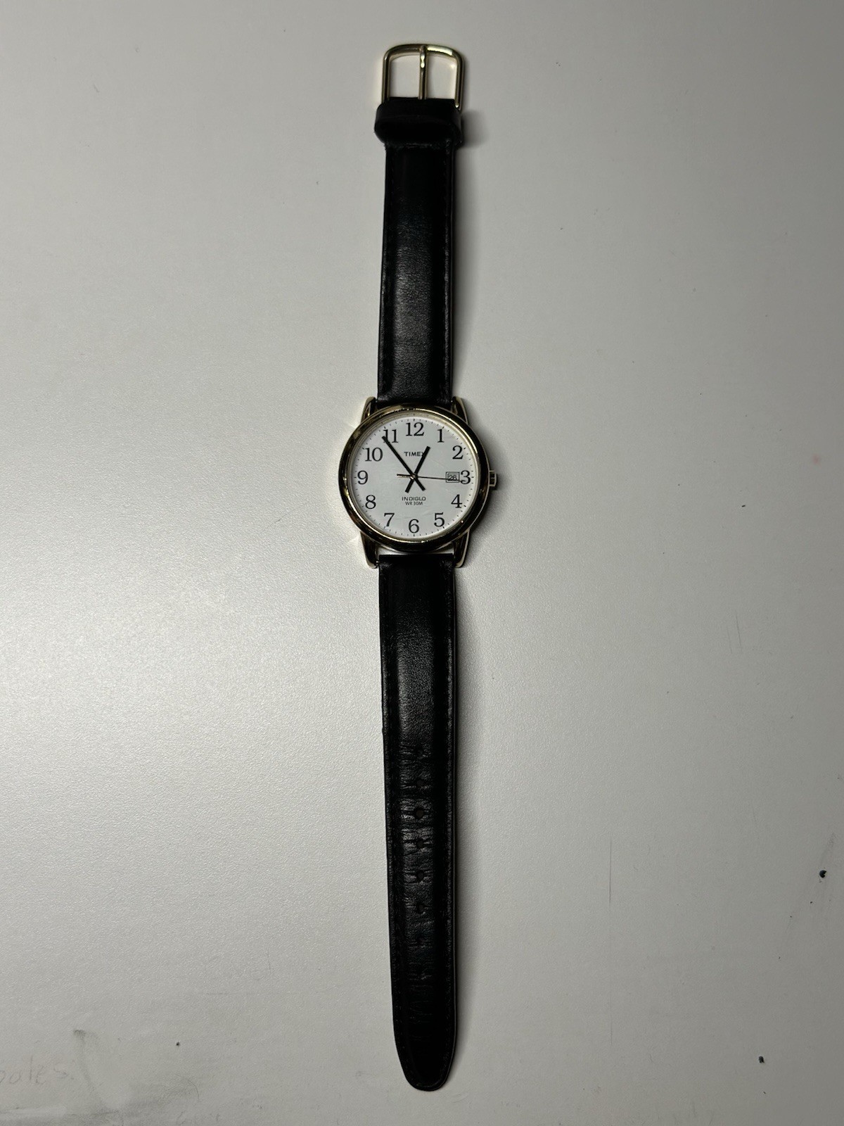 TIMEX Gold Indiglo Men’s Watch Round White Dial Black leather.