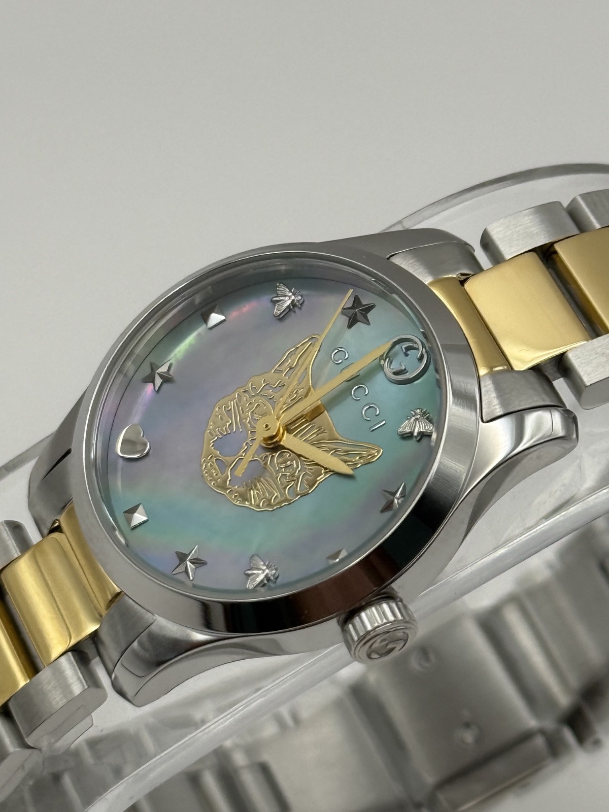 Gucci G Timeless Quartz MOP Blue Dial Two Tone Steel Strap Watch YA1265011