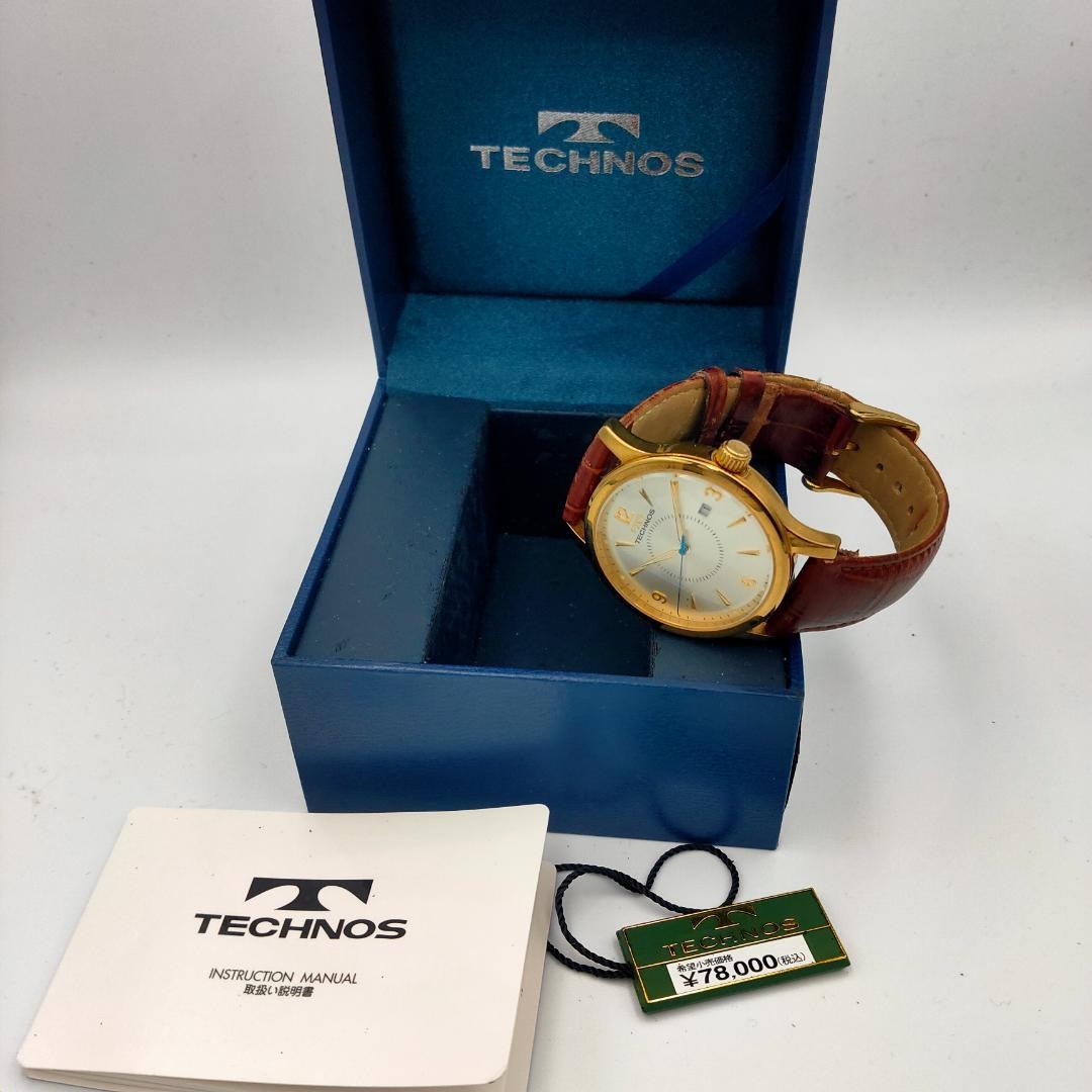 USED TECHNOS T4167 Gold-Tone Date Leather Band Quartz Watch