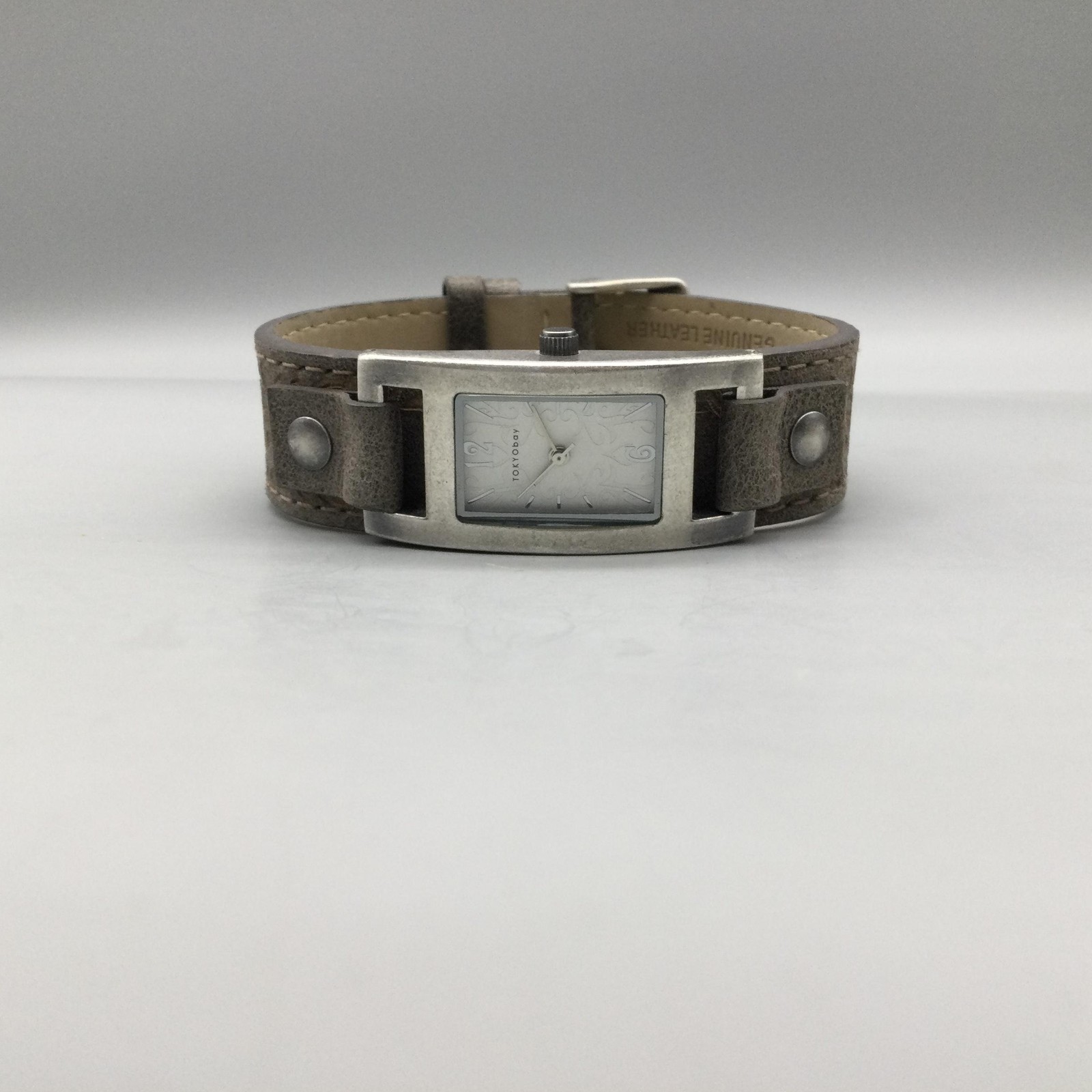 TOKYObay Womens Watch 20mm Silver Tone Brown Leather Cuff Strap New Battery