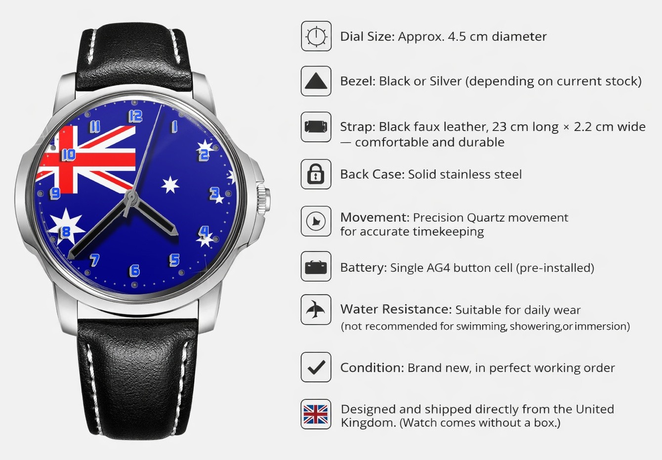 Flag Of Australia Collectable Leather Strap Big Dial Gift Wrist Watch