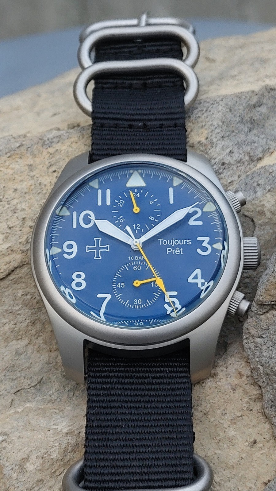 Toujours Pret GMT military field watch. Blasted stainless steel – Blue