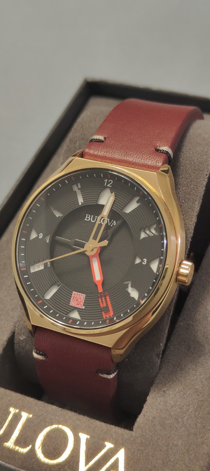 BULOVA 40mm MEN’S PERFORATED PANELS FRANK LLOYD WRIGHT BURGUNDY LEATHER 97A192
