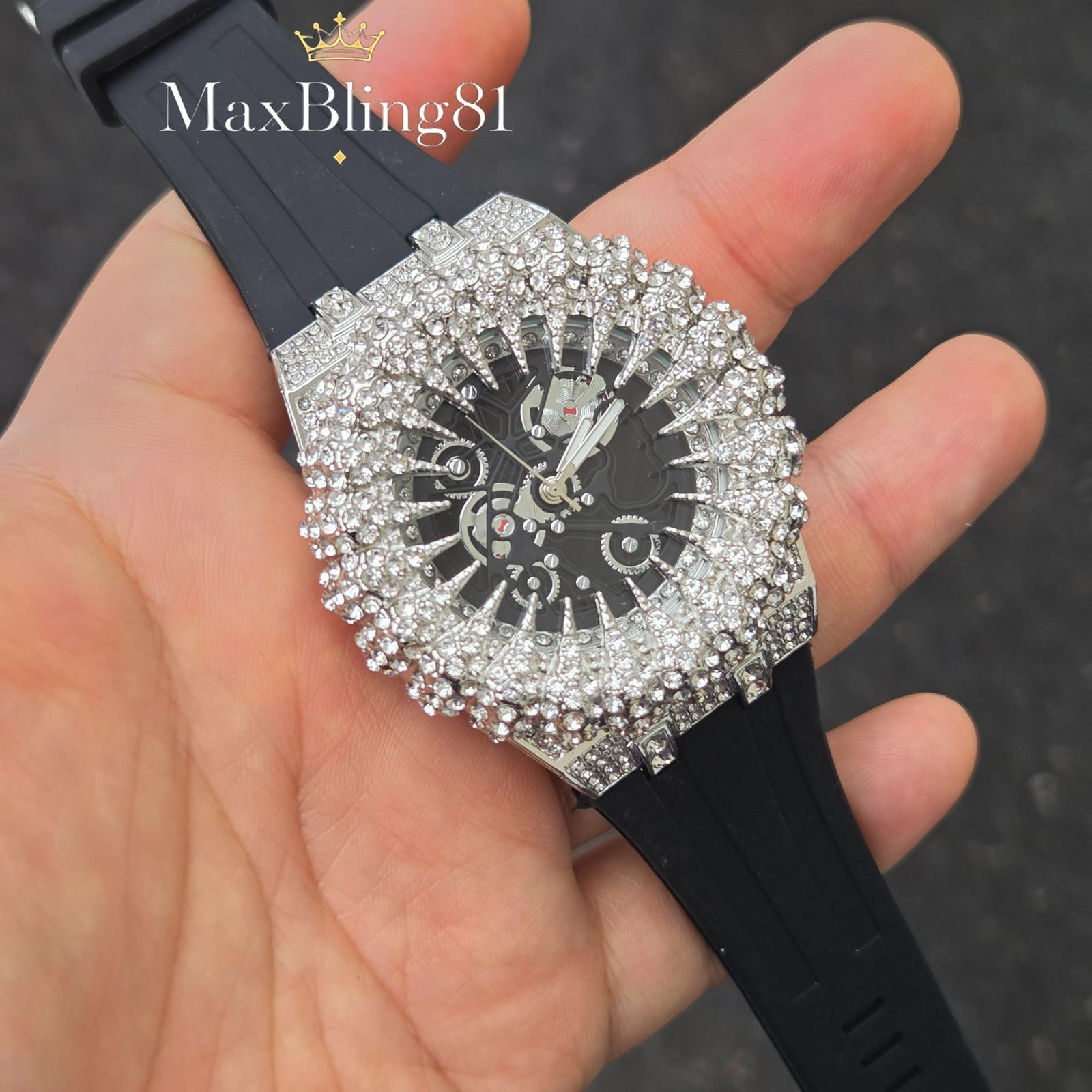 Men’s Watch Monster Teeth Design Silicone Band Unique Iced Out CZ Silicone Band