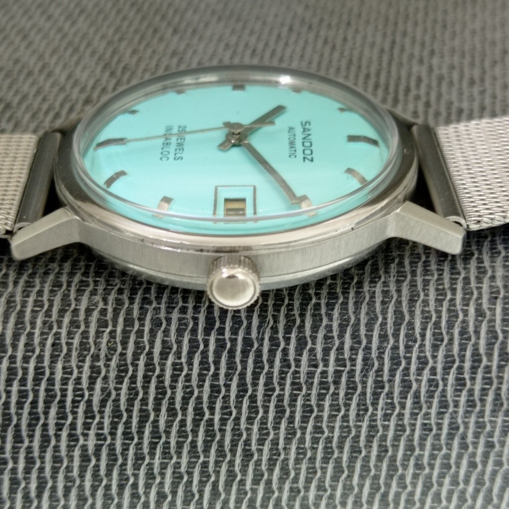 VINTAGE SANDOZ AUTOMATIC 25 JEWELS SWISS MENS TURQUOISE BLUE DIAL WATCH a2687-U