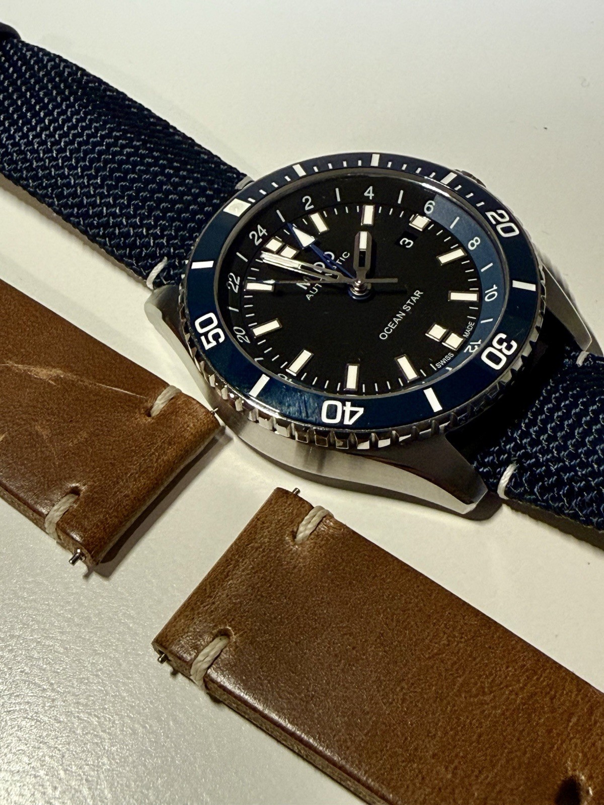 Mido Ocean Star GMT 44mm Silver Stainless Steel w Blue Strap & Horween Strap