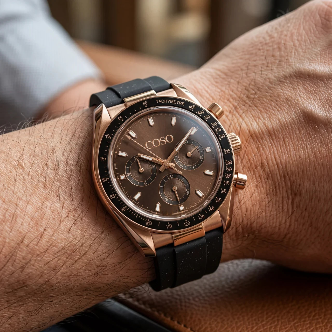 COSO Torvex Chronograph Brown Dial Rose Gold Sub-dials Black Bezel Strap