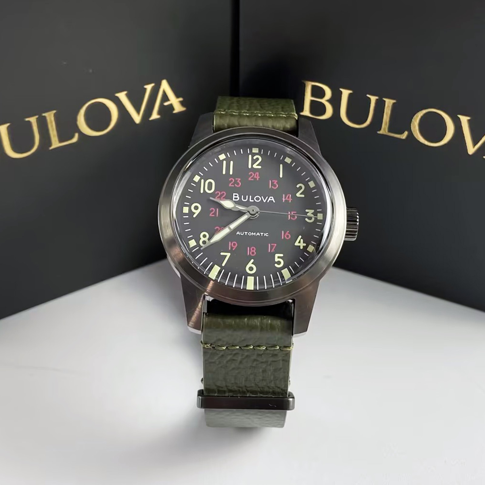 Bulova Special Edition 98A255 Black Dial Green Leather Men Automatic Watch 38MM