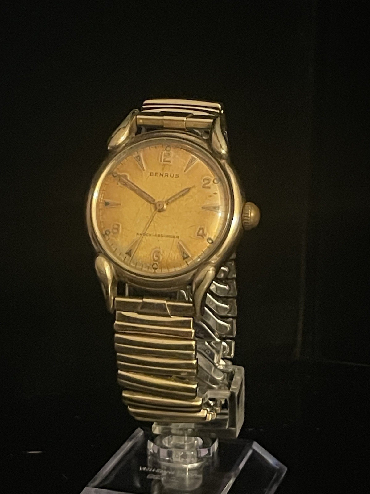 Vintage Benrus Manual Wind Shock-Absorber Swiss Watch Gold Tone Patina Dial Runs