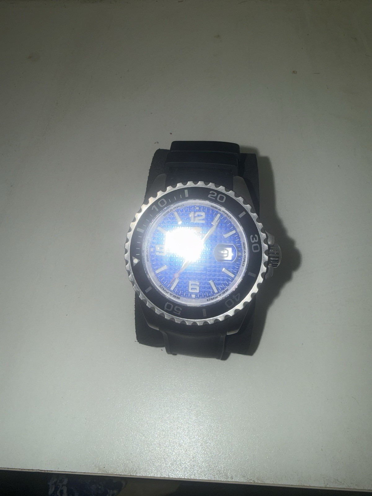 Seapro Abyss Mens Diver Watch 200 ATM Quartz Blue Dial Black Strap Date
