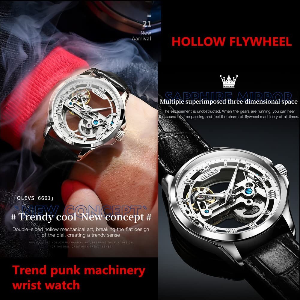 OLEVS Leather Automatic Watches for Young Men Watch Fashion Brand self Winding