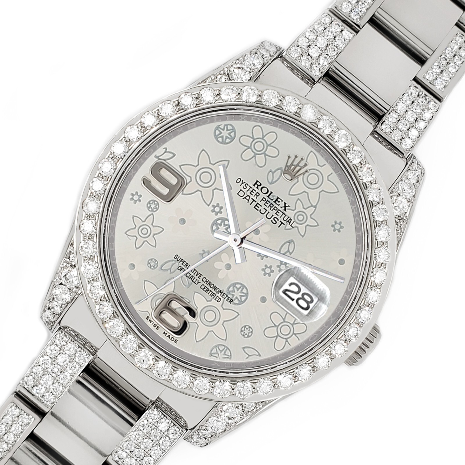 Rolex Datejust 36mm 5.9ct Diamond Watch with Silver Floral Dial Box Papers