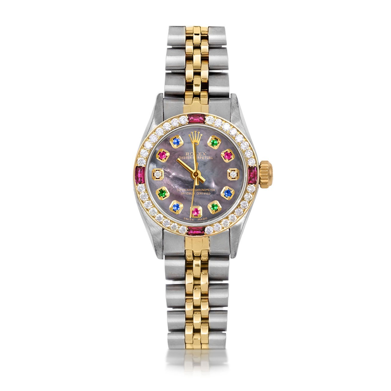 Rolex Lady TT Oyster Perpetual Black MOP Rainbow Dial Ruby Diamond Bezel Jubilee