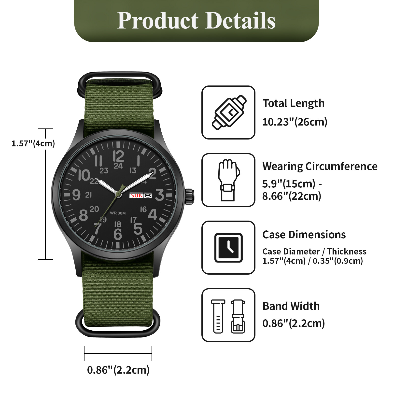 Men’s Tactical Military Nylon Band Quartz Date Wrist Watch Luminous 24-Hour Dial
