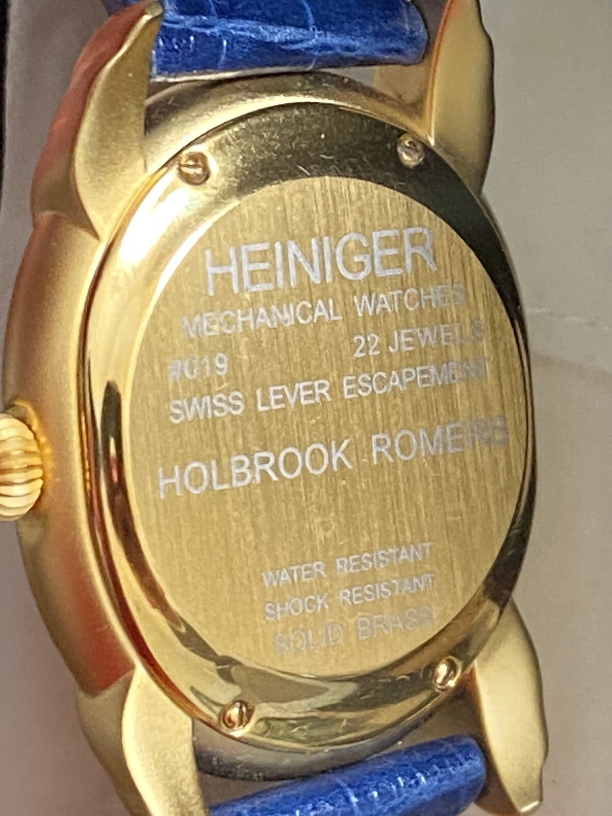 Heiniger Mechanical Watch Swiss Lever Escapement Brass Housing Blue Leather band