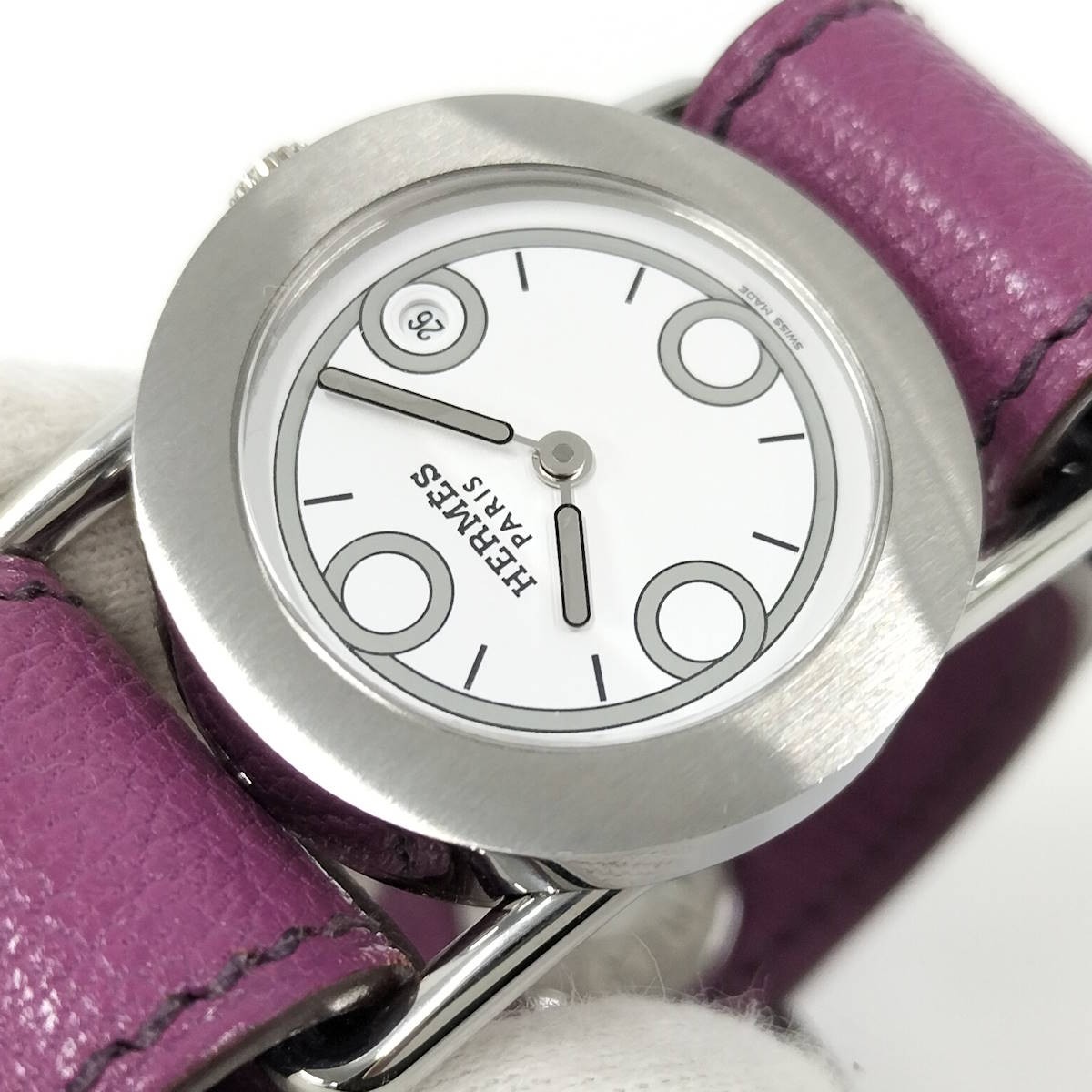 [B1R] Hermes Valenica Watch Ladies Leather Purple Strap White Dial [x8s]