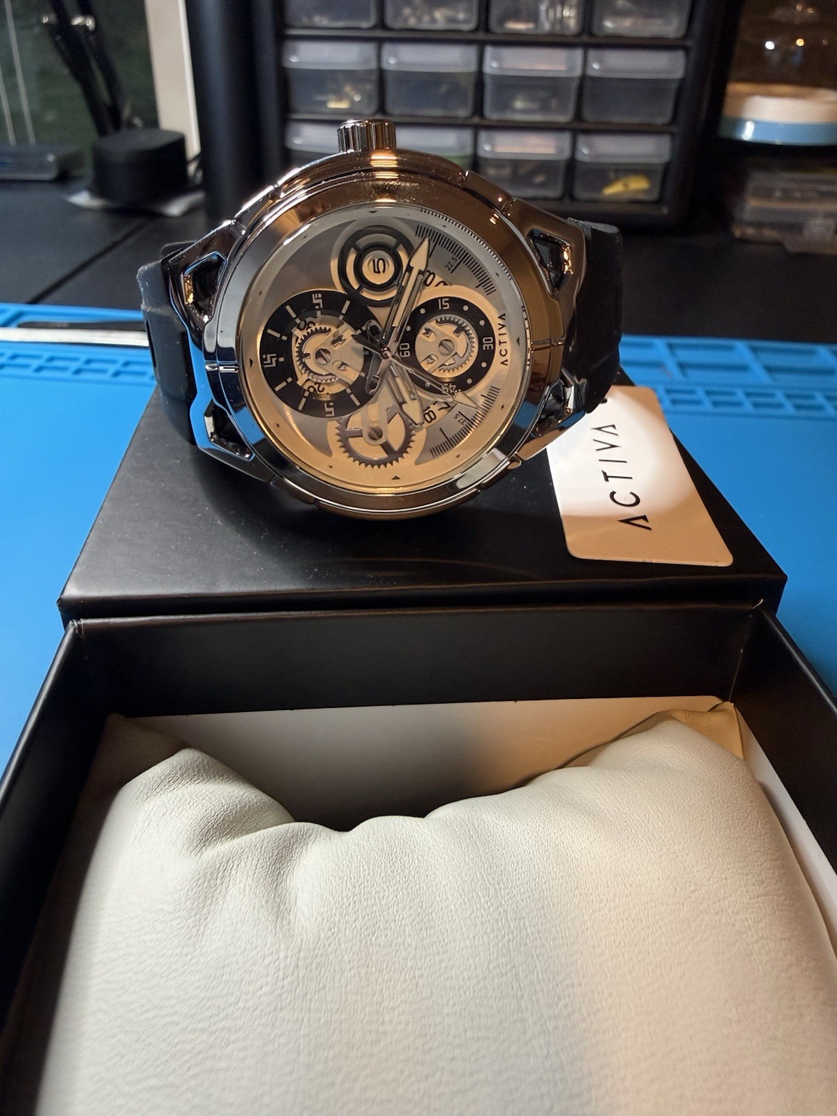 Activa Sport Quartz Analog Watch Silver Dial Arabic Numerals Black Strap Box