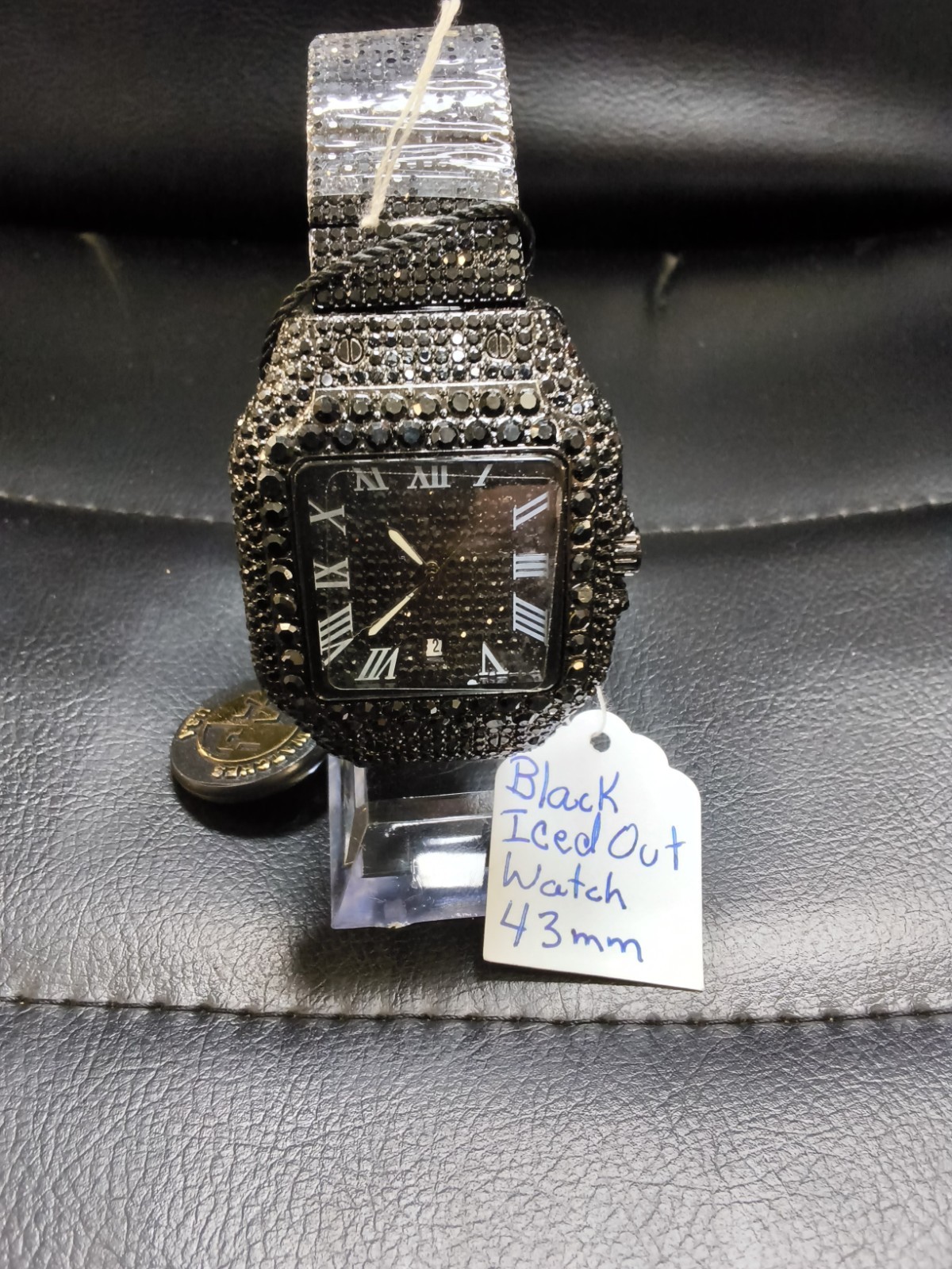 AJ Black Iced Out Quartz Watch 43mm Roman Numeral Date Crystal Men’s NewPrice: