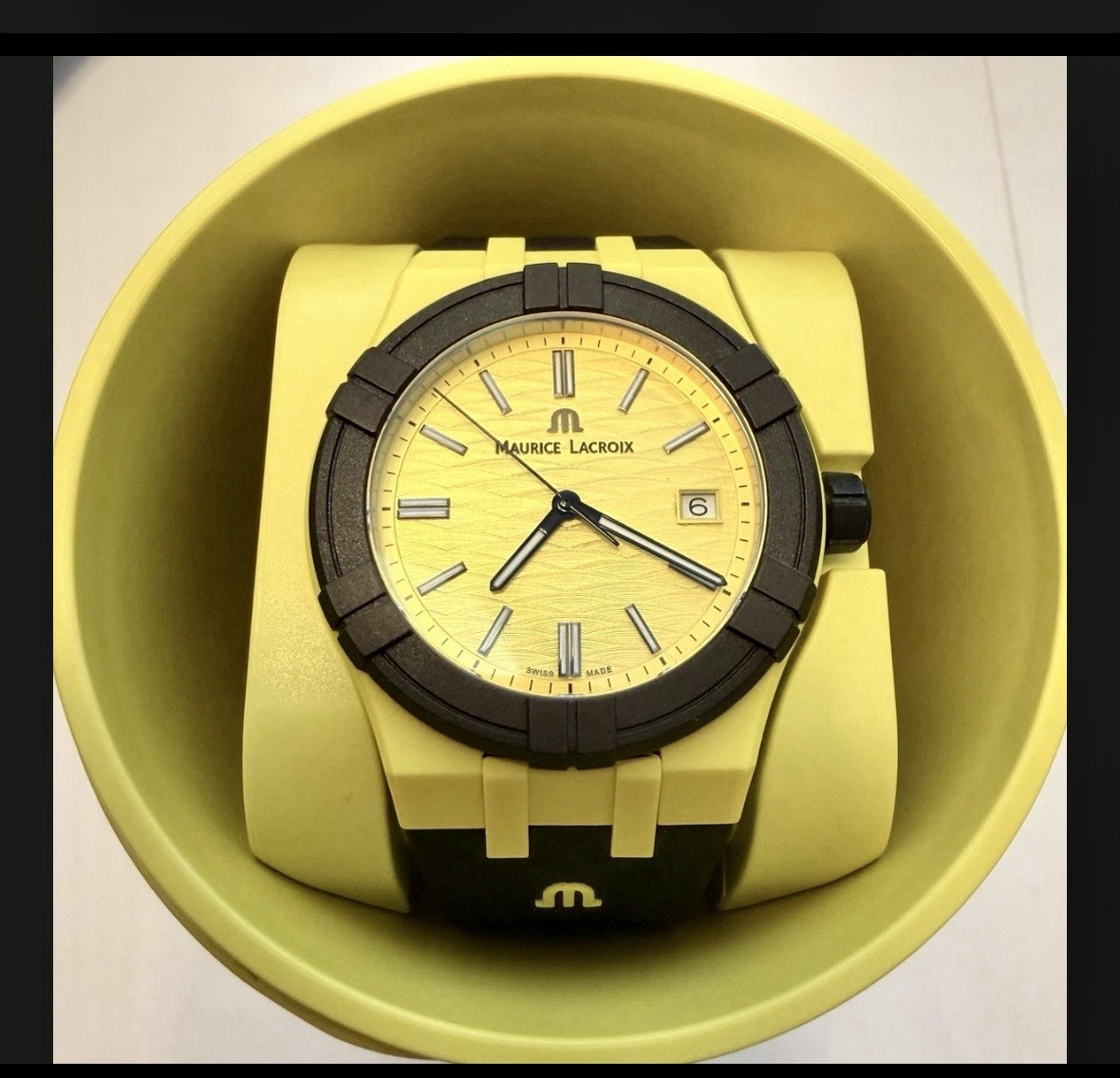 Maurice Lacroix AIKON Tide 40mm Quartz Date 10 ATM Yellow Dial Black Strap