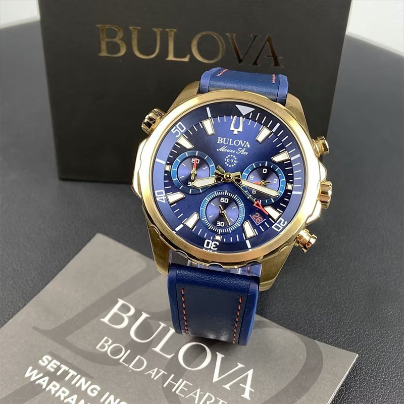 Men Bulova Marine Star Blue/Gold Dial Chronograph 97B168 Quartz Watch 43mm