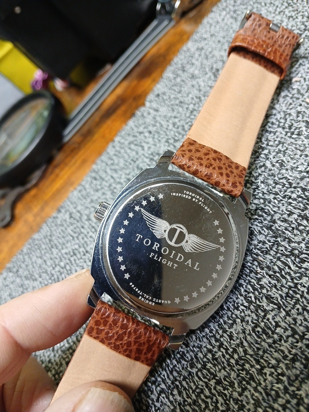Torodial Flight Offduty Wristwatch. Black Face Sikver Bezel. Ostrich Type Band
