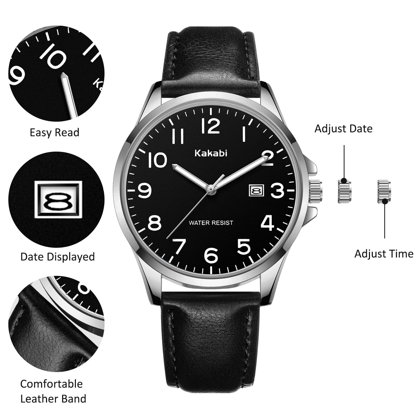 Kakabi Minimalist Men’s Waterproof Quartz Analog Watch with Leather Strap