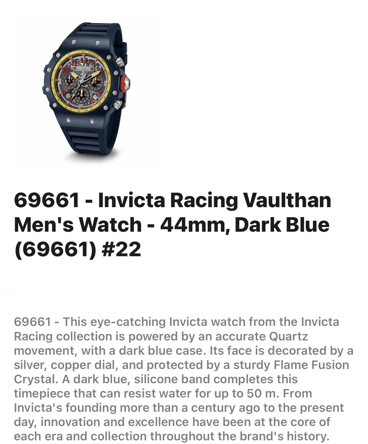 Invicta Racing Vaulthan Men’s Watch 44mm Navy Blue Yellow Red 69661