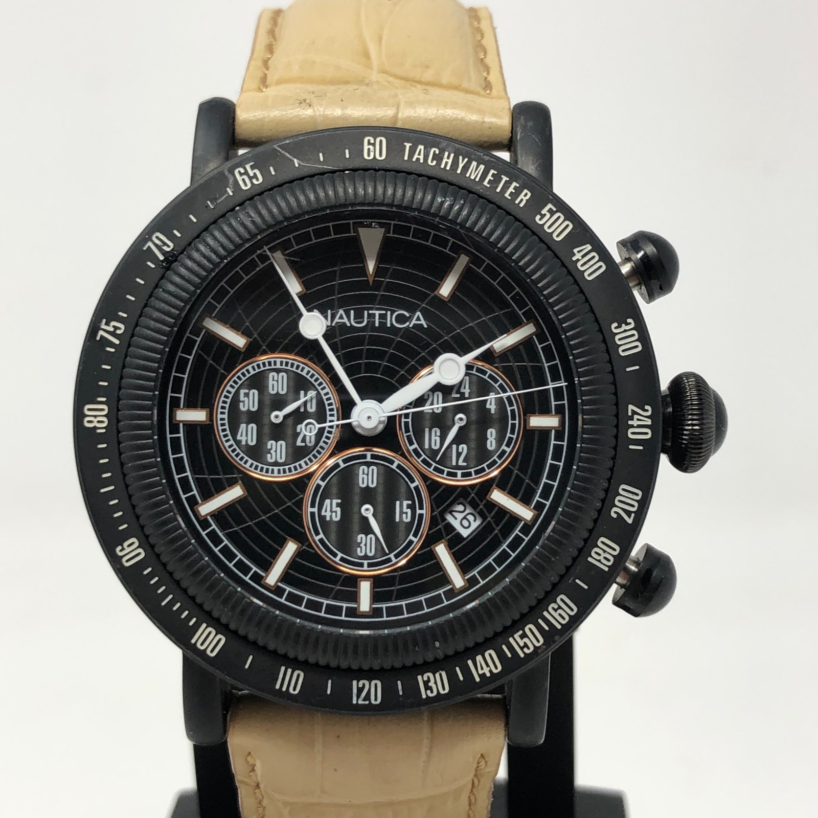 Nautica PVD Mens Chronograph Watch A23500 100m Screw Down Crown NEW BATTERY RUNS