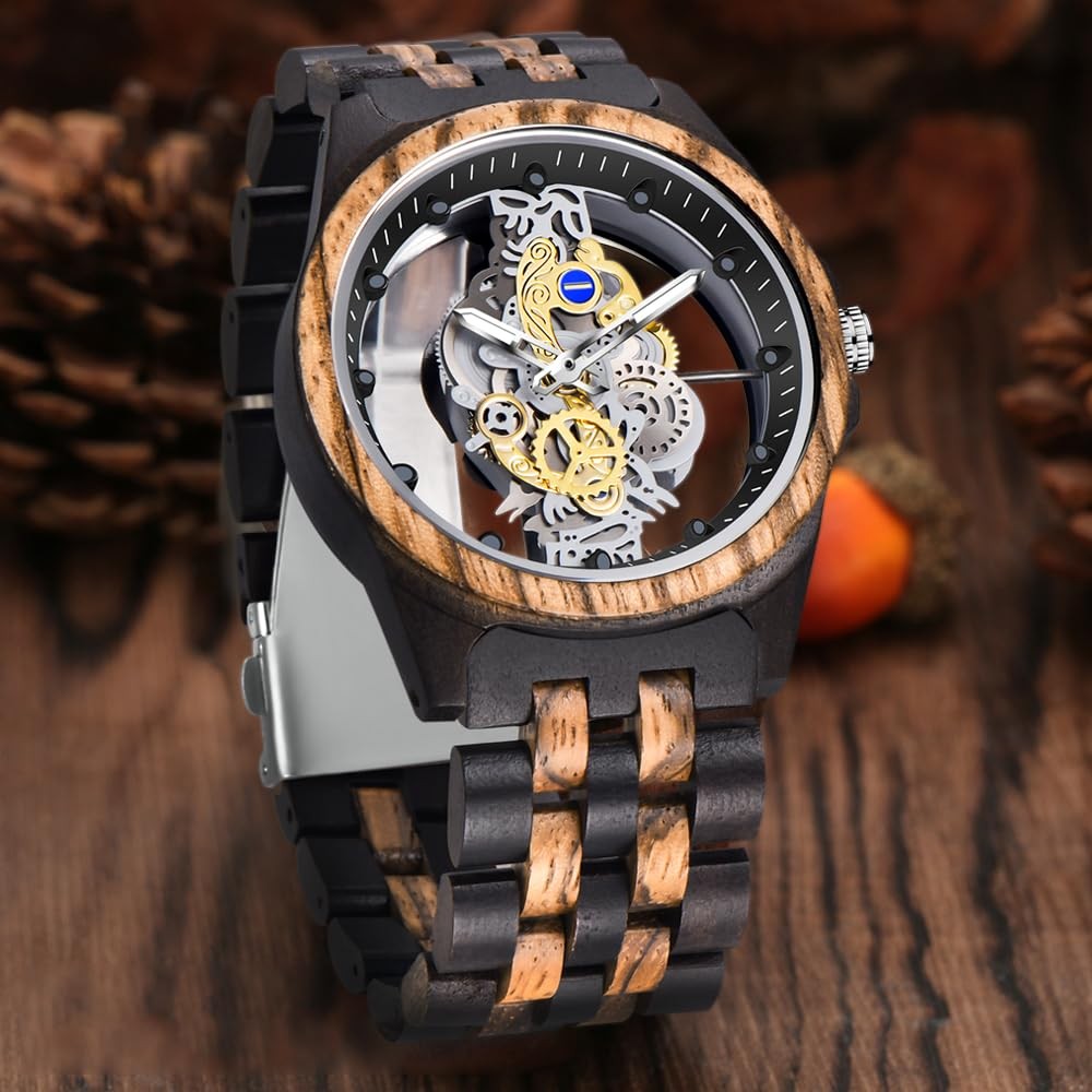 Dentily Men’s Hollow Analog Wooden Watch Retro Gear Carving black&brown
