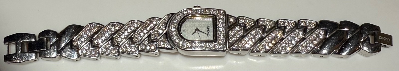 Vintage DKNY Crystal Pave D Logo Link Bracelet Watch Stainless Steel As Is