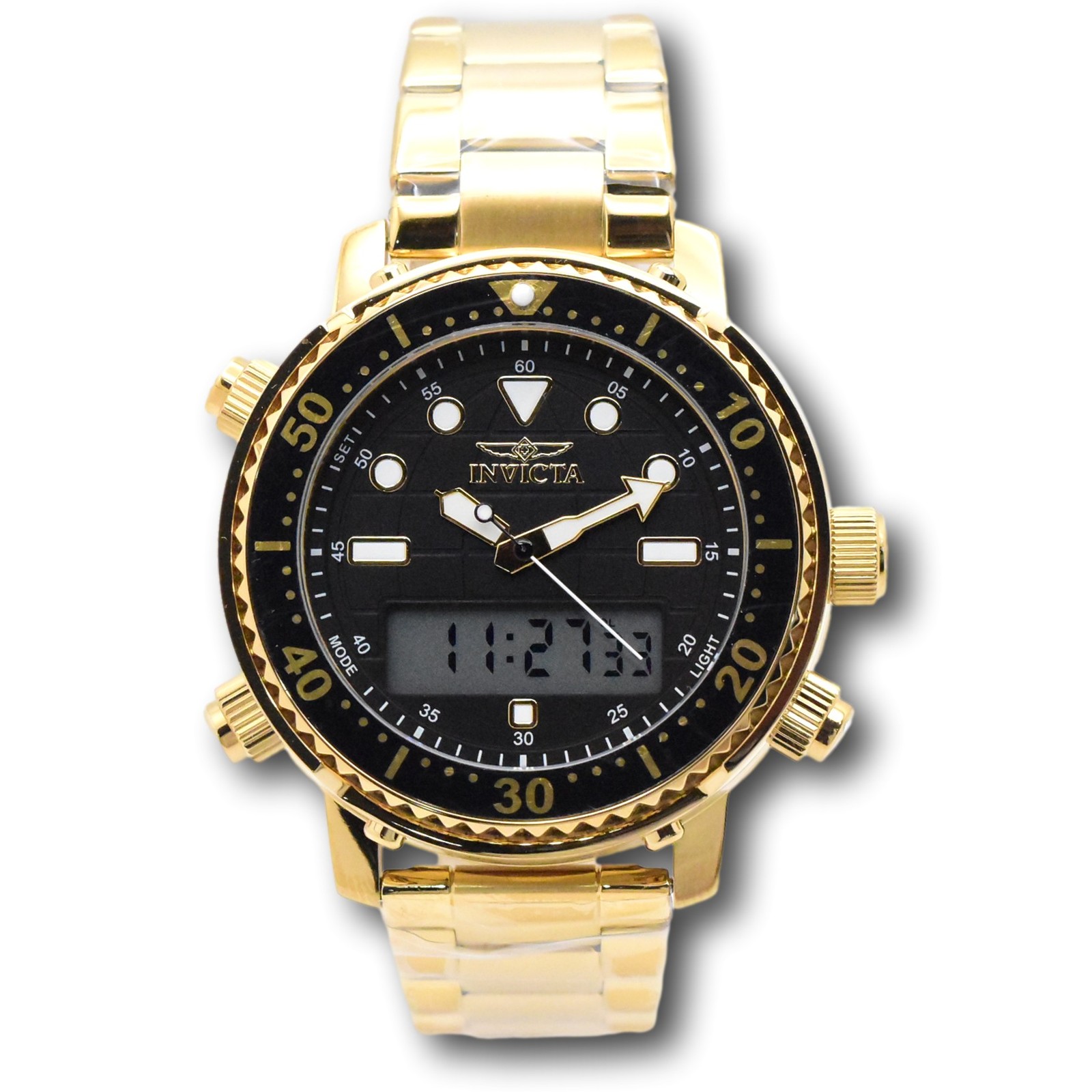 Invicta Pro Diver Men’s 46.5mm Gold Dual Time Digital Ana-Digi Watch 48372