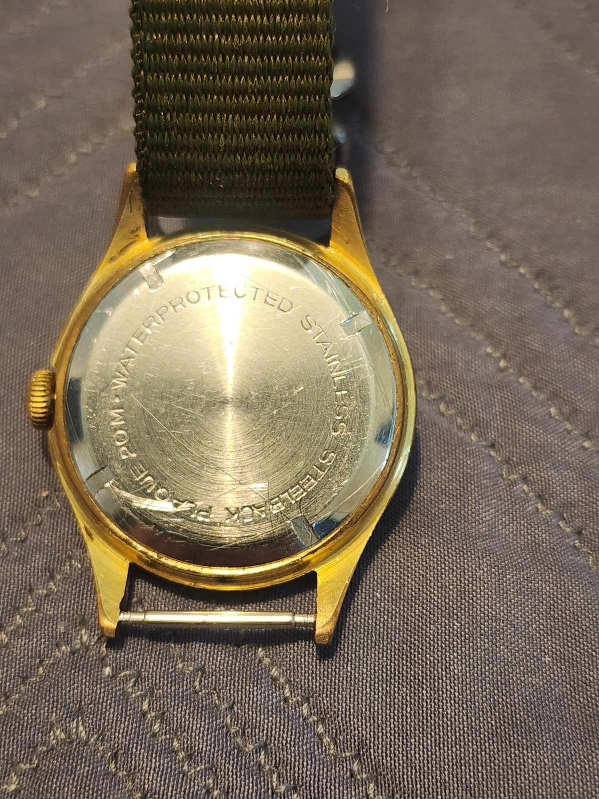 Stowa Parat Vintage Manual Wind Watch, Gold Tone Case, Silver Dial, Green Nylon