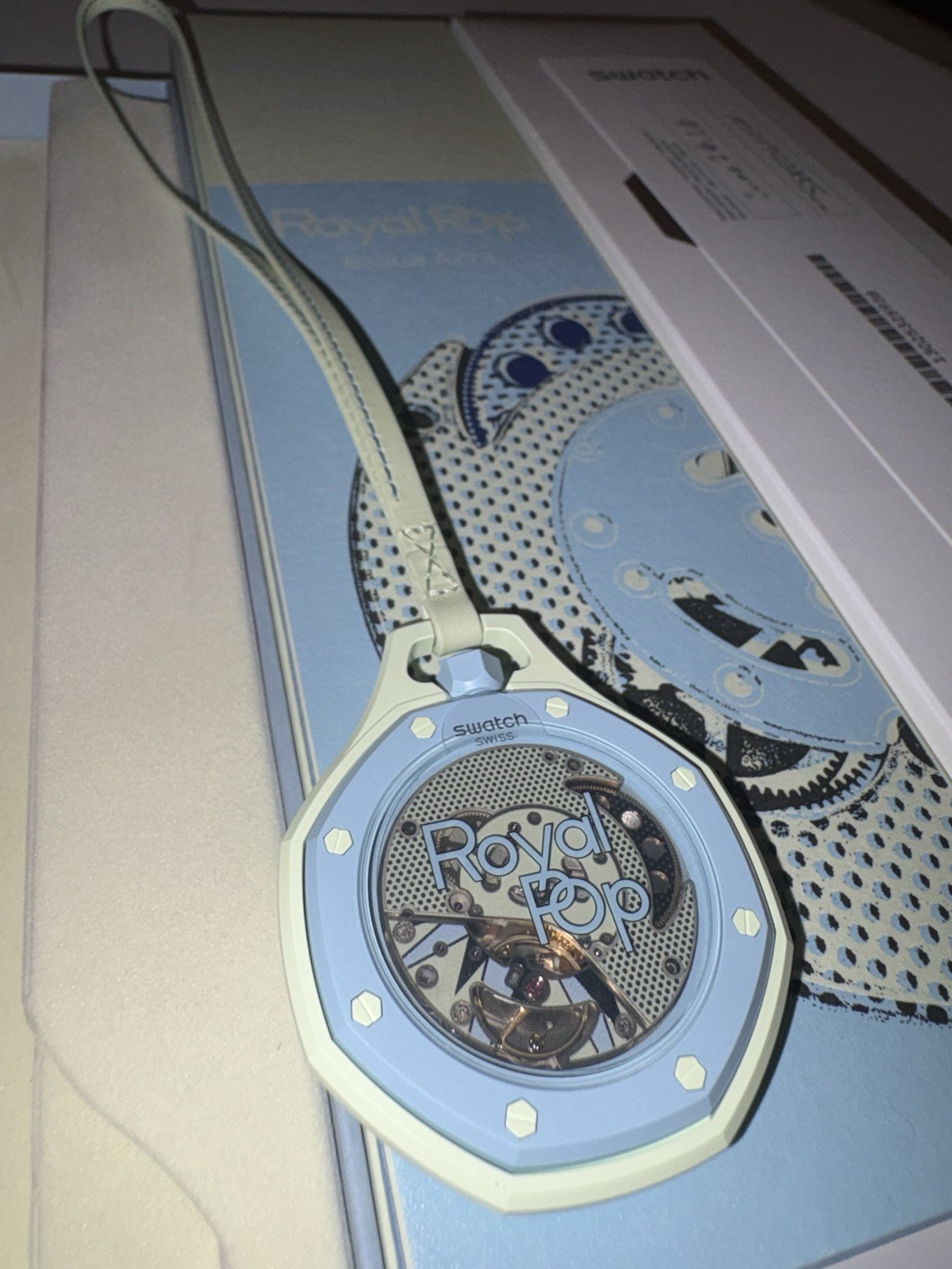 Swatch Royal Pop Octagon Automatic Blue/Beige Leather Strap w/ Box Paperwork