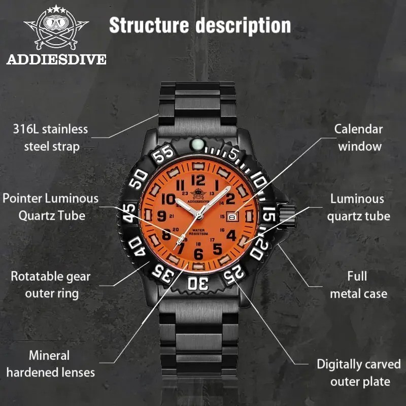 Addiesdive Men’s Military Quartz Dive Watch 50M Waterproof Luminous Nylon Strap