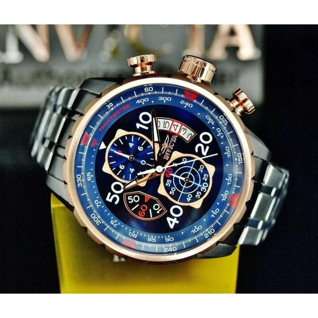 Invicta Men’s 48mm Aviator Chronograph Blue Dial 18K Rose Gold Plated SS Watch