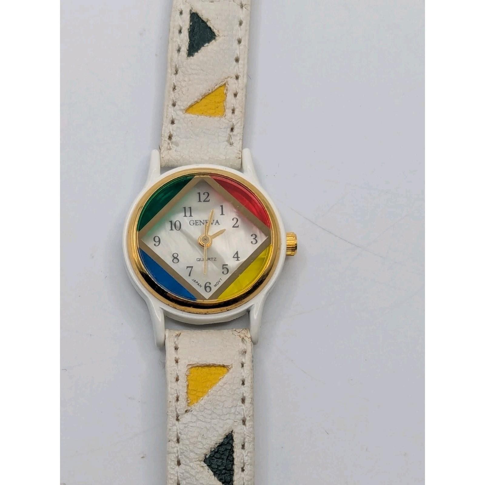 Geometric Prime Colors Geneva Watch White Leather Band Y2K women’s