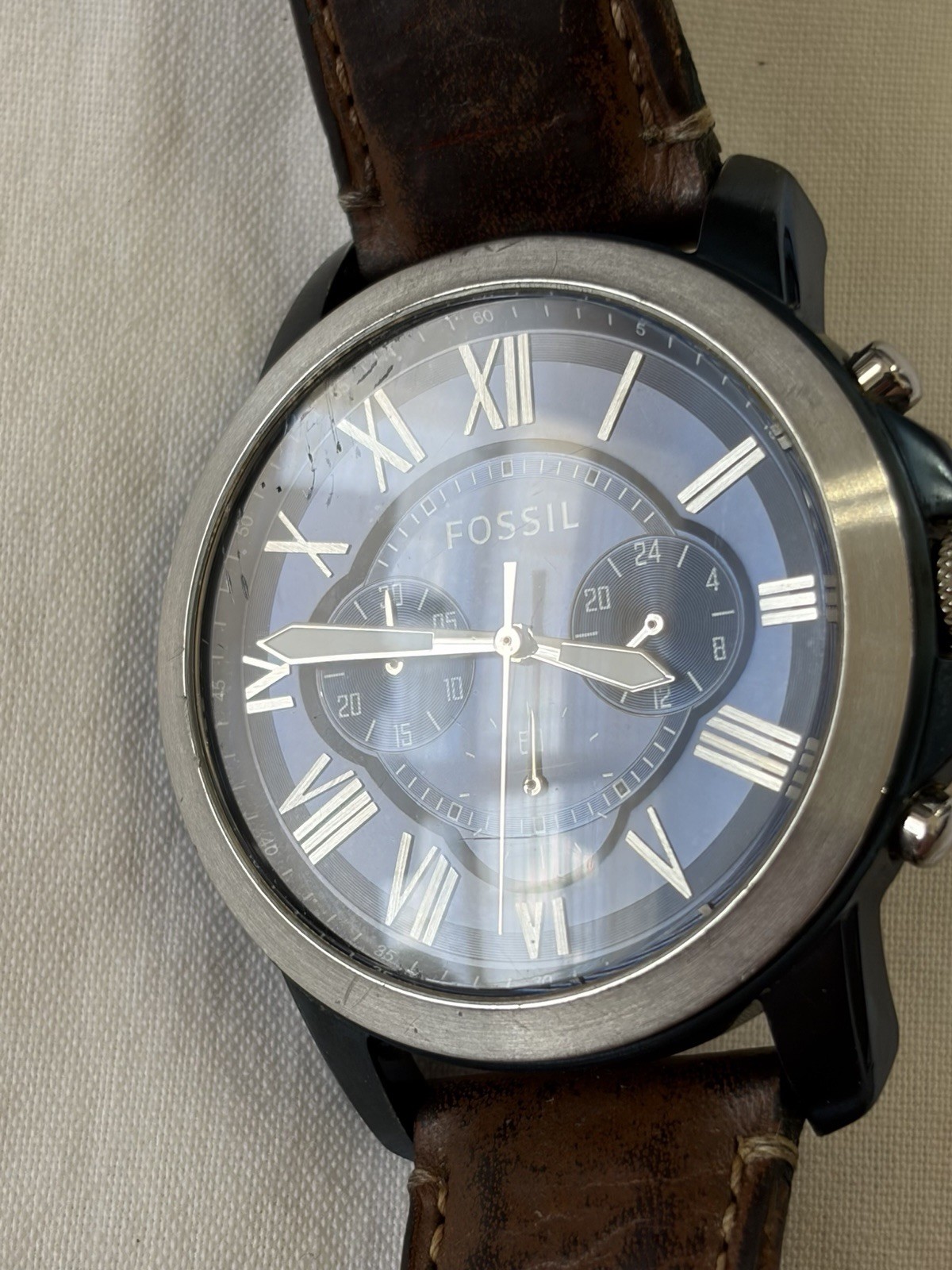 Fossil Grant FS5151 Chronograph Watch Blue Dial Brown Leather Runs