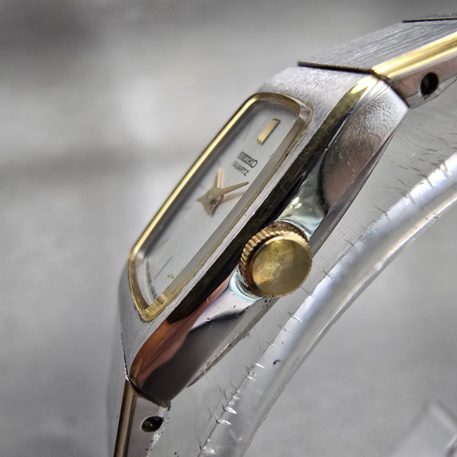 Seiko Watch Women 13mm Silver Dial Two Tone Rectangle 2E20-5139 New Battery VTG