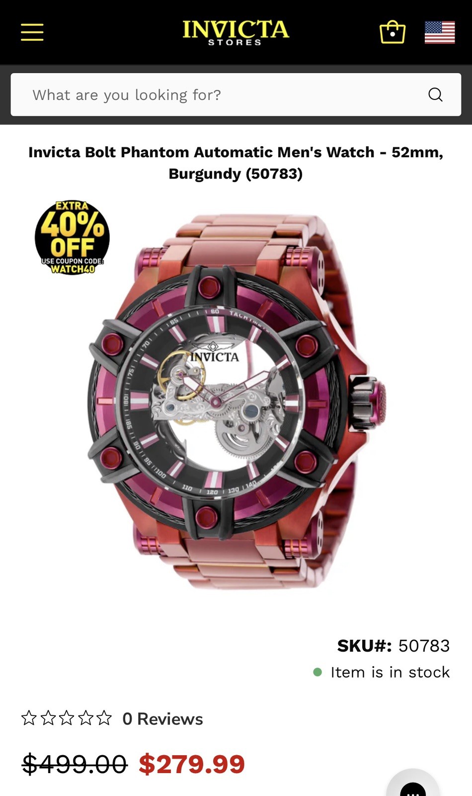 Invicta Bolt Phantom Automatic Men’s Watch – 52mm, Burgundy (50783)
